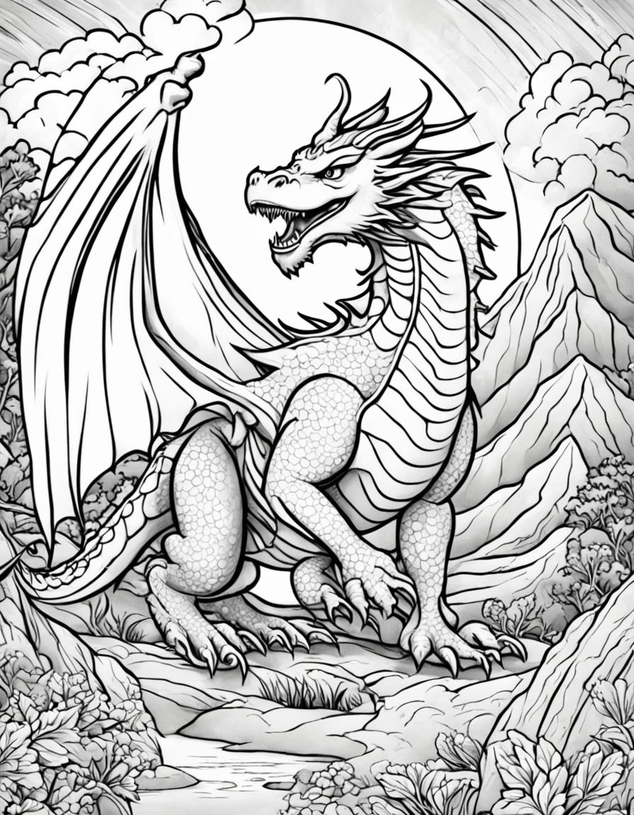 A children's coloring page featuring an angry, fire-breathing dragon in a dynamic landscape.