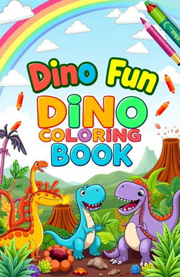 A vibrant and playful book cover for a dinosaur coloring book aimed at kids, featuring a variety of cartoonish dinosaurs in whimsical poses