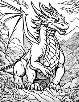 A children's coloring page featuring an angry, fire-breathing dragon in a dynamic landscape.