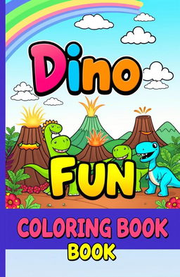 A vibrant and playful book cover for a dinosaur coloring book aimed at kids, featuring a variety of cartoonish dinosaurs in whimsical poses