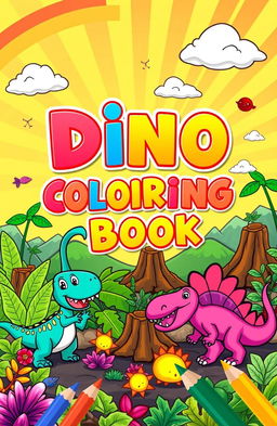 A vibrant and playful book cover for a dinosaur coloring book aimed at kids, featuring a variety of cartoonish dinosaurs in whimsical poses