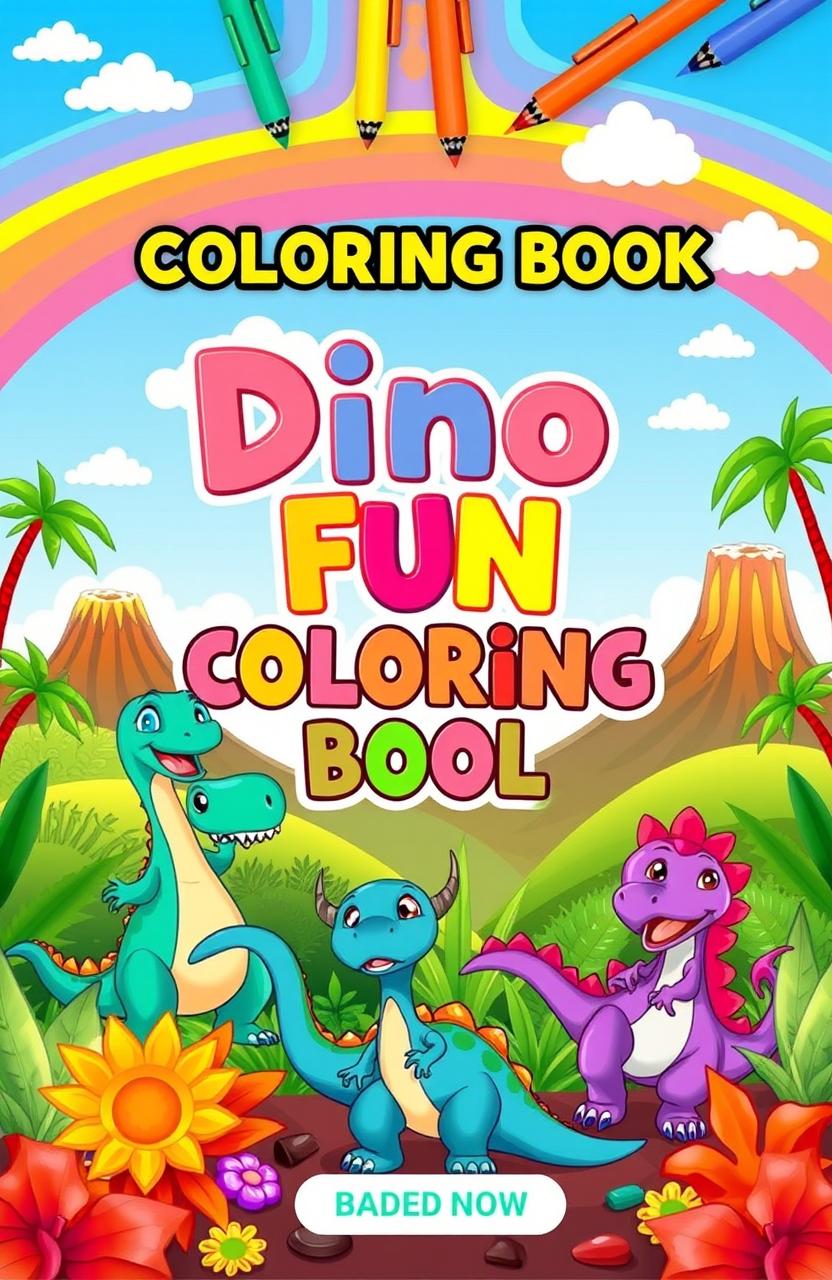 A vibrant and playful book cover for a dinosaur coloring book aimed at kids, featuring a variety of cartoonish dinosaurs in whimsical poses