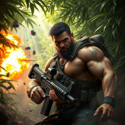 An intense and action-packed scene featuring a rugged muscular soldier in a combat setting