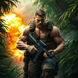 An intense and action-packed scene featuring a rugged muscular soldier in a combat setting