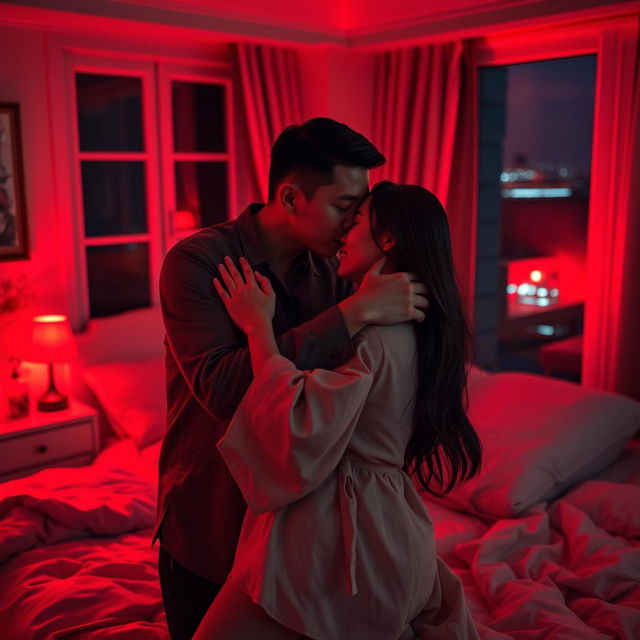 A romantic scene depicting a Chinese man warmly hugging and kissing a woman in a cozy bedroom, softly illuminated by red light that enhances the intimate mood