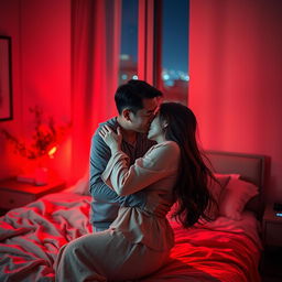 A romantic scene depicting a Chinese man warmly hugging and kissing a woman in a cozy bedroom, softly illuminated by red light that enhances the intimate mood