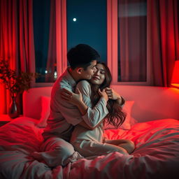 A romantic scene depicting a Chinese man warmly hugging and kissing a woman in a cozy bedroom, softly illuminated by red light that enhances the intimate mood
