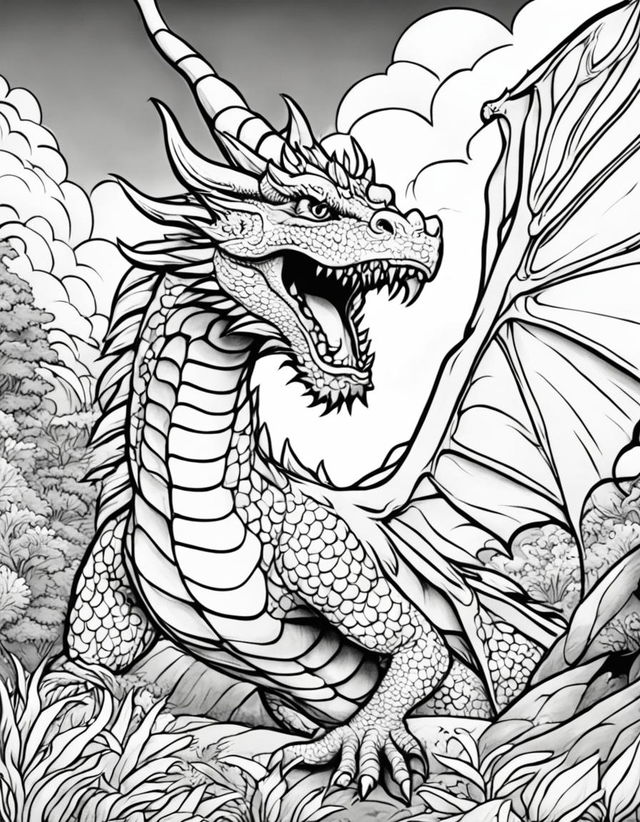 A children's coloring page featuring an angry, fire-breathing dragon in a dynamic landscape.