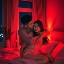 A romantic scene depicting a Chinese man warmly hugging and kissing a woman in a cozy bedroom, softly illuminated by red light that enhances the intimate mood