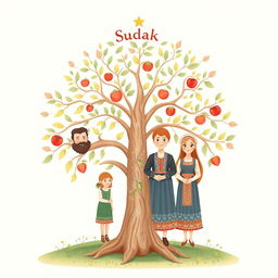 A beautifully illustrated family tree representing the Sudak family lineage, featuring the ancestors: Grandfather Andrii, Son Stepan, Wife Palazhka, and children: Son Petro, Son Pavlo, and Daughter Hanna