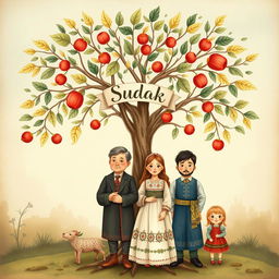 A beautifully illustrated family tree representing the Sudak family lineage, featuring the ancestors: Grandfather Andrii, Son Stepan, Wife Palazhka, and children: Son Petro, Son Pavlo, and Daughter Hanna