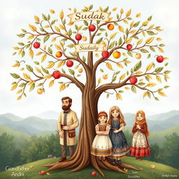 A beautifully illustrated family tree representing the Sudak family lineage, featuring the ancestors: Grandfather Andrii, Son Stepan, Wife Palazhka, and children: Son Petro, Son Pavlo, and Daughter Hanna
