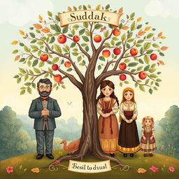 A beautifully illustrated family tree representing the Sudak family lineage, featuring the ancestors: Grandfather Andrii, Son Stepan, Wife Palazhka, and children: Son Petro, Son Pavlo, and Daughter Hanna