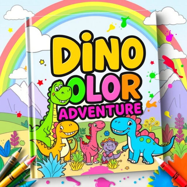 An eye-catching and whimsical book cover for a dinosaur coloring book designed for children