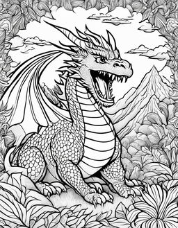 A children's coloring page featuring an angry, fire-breathing dragon in a dynamic landscape.