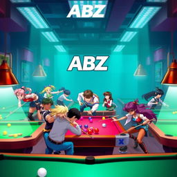 A lively billiard hall scene featuring various heroes from Mobile Legends engaged in playful activities around billiard tables
