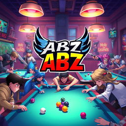 A lively billiard hall scene featuring various heroes from Mobile Legends engaged in playful activities around billiard tables