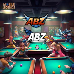 A lively billiard hall scene featuring various heroes from Mobile Legends engaged in playful activities around billiard tables