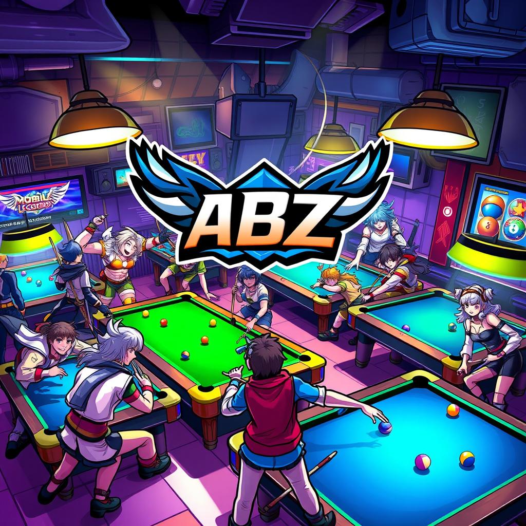 A lively billiard hall scene featuring various heroes from Mobile Legends engaged in playful activities around billiard tables