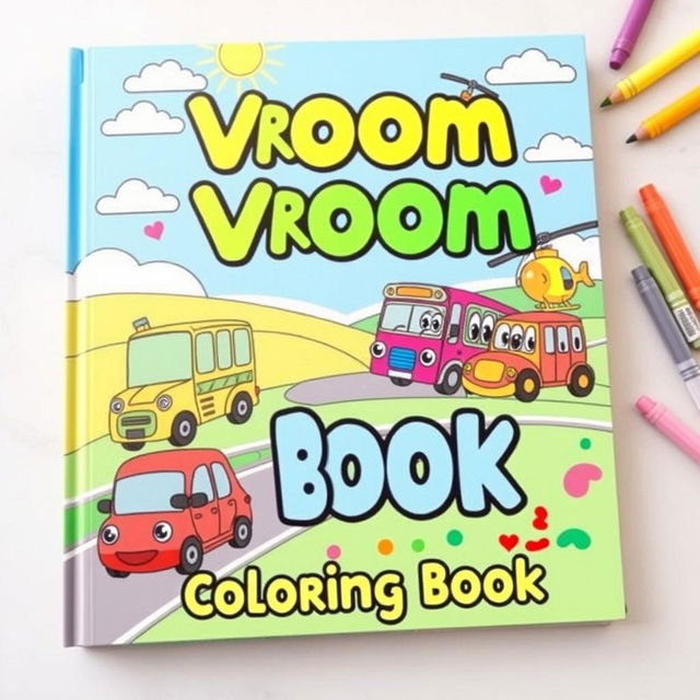 A cheerful and colorful book cover for a vehicle coloring book for kids