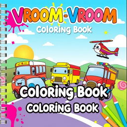A cheerful and colorful book cover for a vehicle coloring book for kids