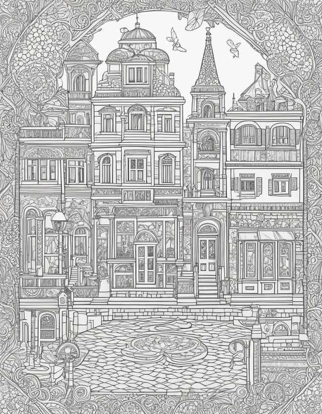 Wes Anderson-inspired colouring book page featuring an intricate heart design filled with symmetrical patterns and whimsical motifs set against a detailed backdrop of a quaint European village