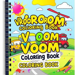 A cheerful and colorful book cover for a vehicle coloring book for kids