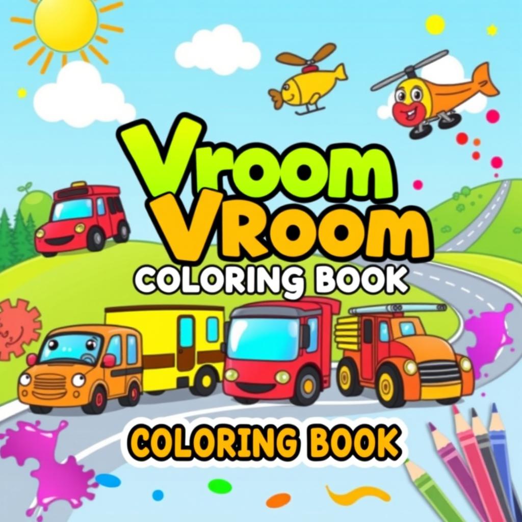 A cheerful and colorful book cover for a vehicle coloring book for kids