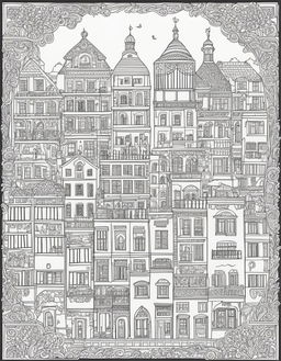 Wes Anderson-inspired colouring book page featuring an intricate heart design filled with symmetrical patterns and whimsical motifs set against a detailed backdrop of a quaint European village