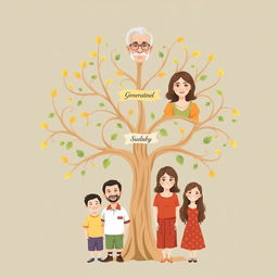 A family tree illustration featuring multiple generations of the Sudaky family
