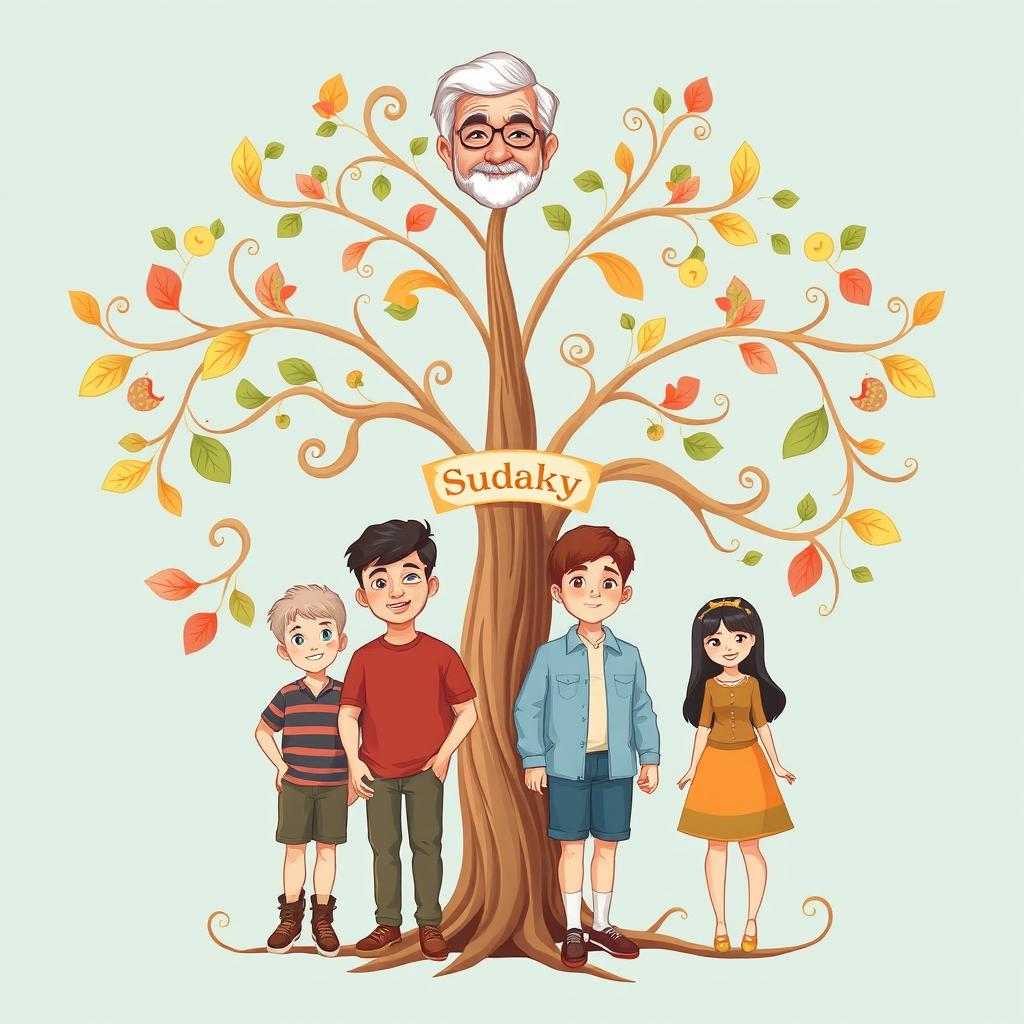 A family tree illustration featuring multiple generations of the Sudaky family