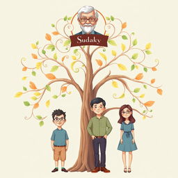 A family tree illustration featuring multiple generations of the Sudaky family