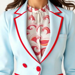 A women's light sky blue blazer elegantly designed with vivid red details such as piping and buttons