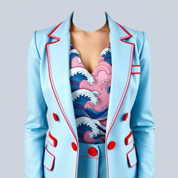 A women's light sky blue blazer elegantly designed with vivid red details such as piping and buttons