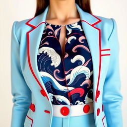 A women's light sky blue blazer elegantly designed with vivid red details such as piping and buttons