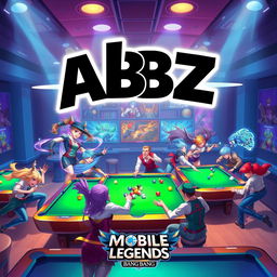 A vibrant billiard hall scene featuring various heroes from Mobile Legends: Bang Bang, energetically interacting around billiard tables