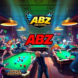 A vibrant billiard hall scene featuring various heroes from Mobile Legends: Bang Bang, energetically interacting around billiard tables