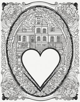 Wes Anderson-inspired colouring book page featuring an intricate heart design filled with symmetrical patterns and whimsical motifs set against a detailed backdrop of a quaint European village