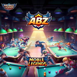 A vibrant billiard hall scene featuring various heroes from Mobile Legends: Bang Bang, energetically interacting around billiard tables