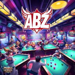 A vibrant billiard hall scene featuring various heroes from Mobile Legends: Bang Bang, energetically interacting around billiard tables