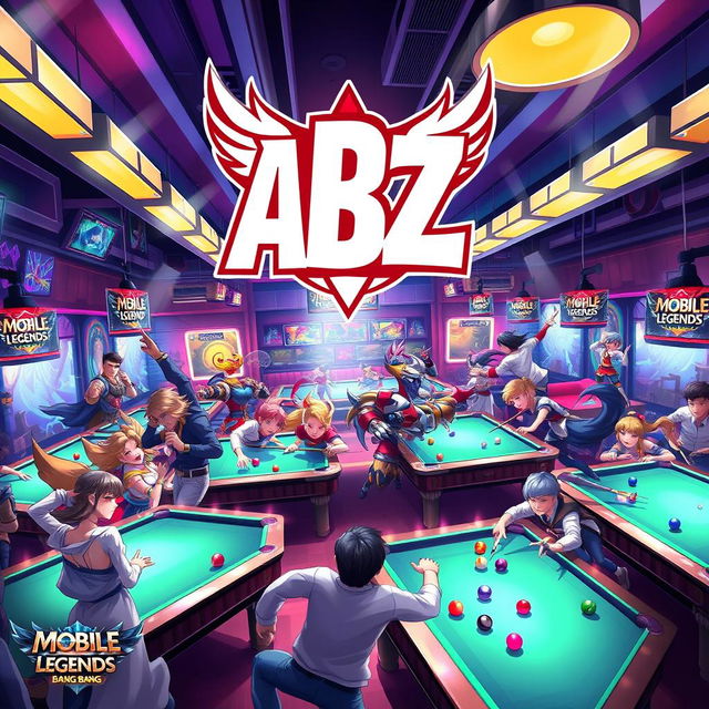 A vibrant billiard hall scene featuring various heroes from Mobile Legends: Bang Bang, energetically interacting around billiard tables