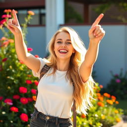 A young blonde woman joyfully pointing upwards with a big smile