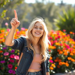 A young blonde woman joyfully pointing upwards with a big smile