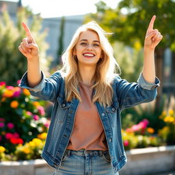 A young blonde woman joyfully pointing upwards with a big smile