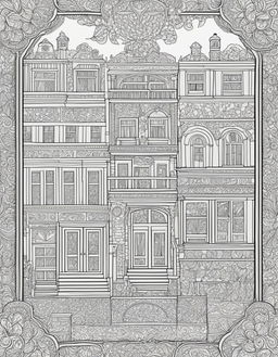 Wes Anderson-inspired colouring book page featuring an intricate heart design filled with symmetrical patterns and whimsical motifs set against a detailed backdrop of a quaint European village