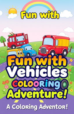 A vibrant and adorable book cover for a vehicle-themed coloring book for kids