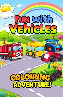 A vibrant and adorable book cover for a vehicle-themed coloring book for kids