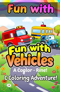 A vibrant and adorable book cover for a vehicle-themed coloring book for kids