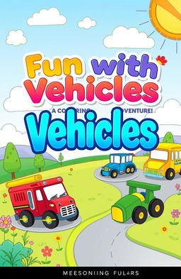 A vibrant and adorable book cover for a vehicle-themed coloring book for kids
