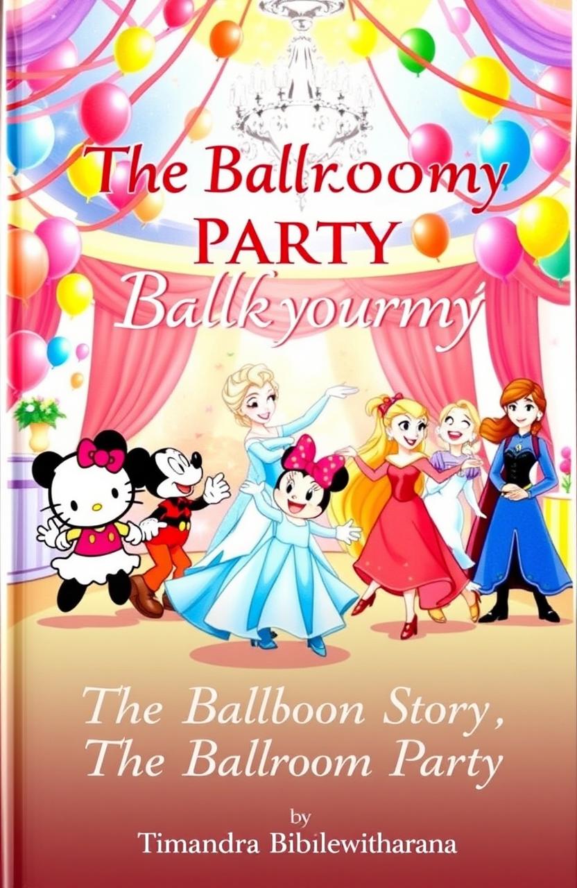 A whimsical and colorful children's storybook cover titled 'The Ballroom Party', featuring beloved characters such as Hello Kitty, Mickey Mouse, Minnie Mouse, Daisy Duck, Rapunzel, Elsa, and Anna